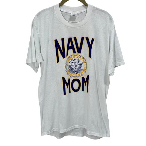 Vintage 90s Stedman White Crewneck T-Shirt Navy Mom Graphic Single Stitch - Picture 2 of 9